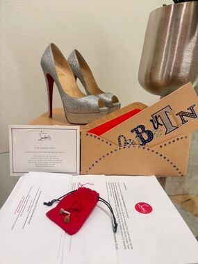 Christian Louboutin Silver Glitter Lady Peep,Size 37